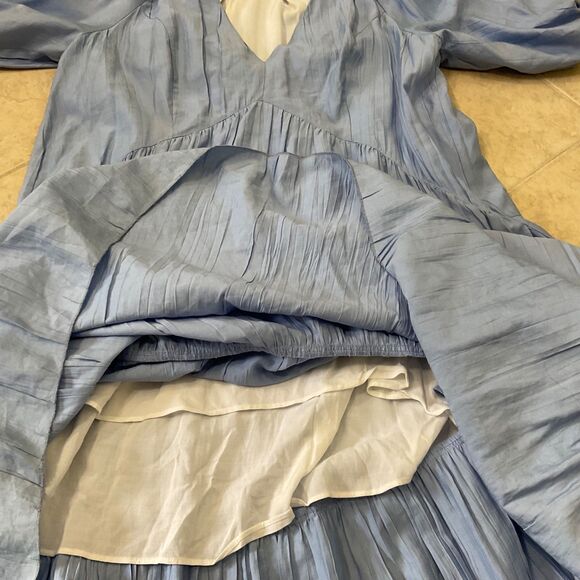FRAME Shirred  V-Neck Puff Sleeves Midi Dress women’s S Blue part lined Tiered* - Picture 11 of 12